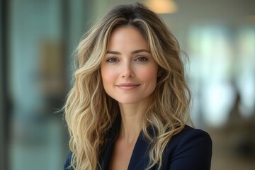 professional woman executive portrait confident female leader in designer navy blue structured blazer with flowing wavy hair in modern corporate office
