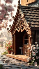 An adorable intricately crafted vintage wooden dog house.