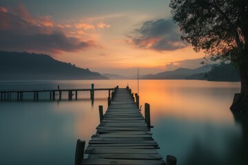 Obraz premium A serene sunset over the tranquil lake in Thailand showcasing a wooden pier stretching into the calm water, surrounded by lush hills and reflecting vibrant colors in the sky