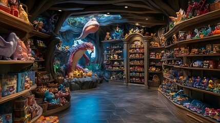 Fantasy-themed toy store with colorful displays and magical creatures