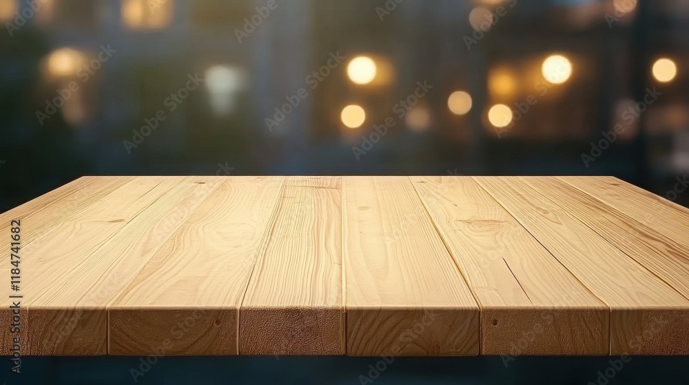 Poster empty wooden table top with a blurred background of cafe with lights for a product display montage