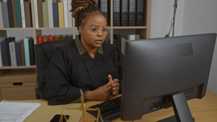 Woman judge in office working on computer in courtroom setting with documents and books in background