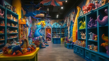 Fototapeta premium Fantasy-themed toy store with colorful displays and magical creatures