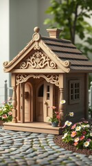 An adorable intricately crafted vintage wooden dog house.