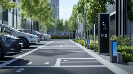 Obraz premium Modern electric vehicle charging station, landscaped lot.