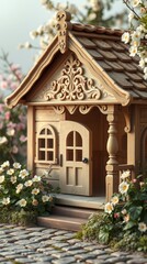 An adorable intricately crafted vintage wooden dog house.