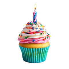 A Delicious Birthday Cupcake with Colorful Frosting and Sprinkles, Lit Candle
