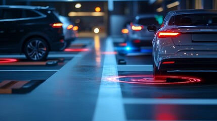 Automated parking garage, illuminated vehicles, nighttime scene.