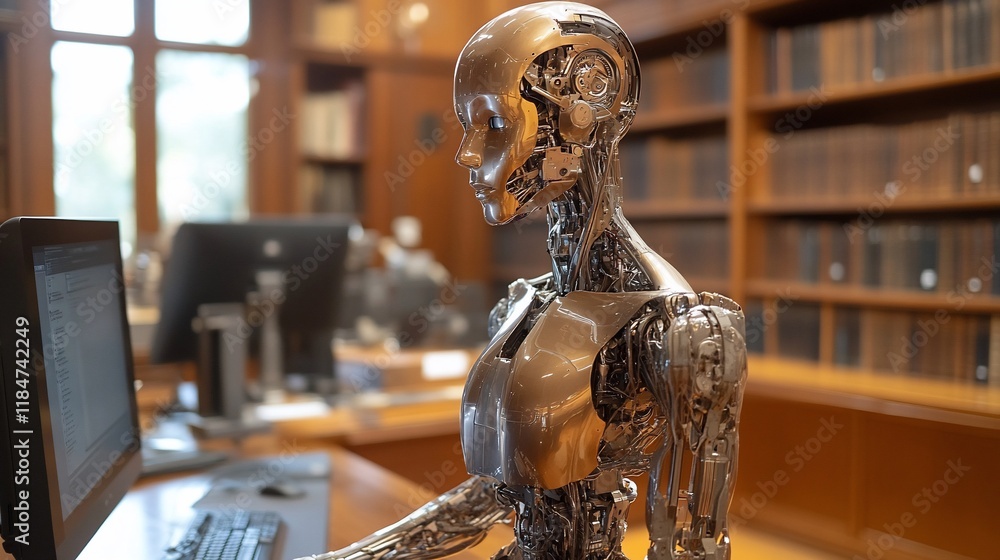 Poster metallic robot using a computer in a library setting.