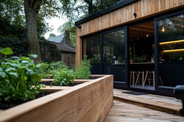 Fototapeta premium A wooden raised bed filled with fresh herbs sits beside a rustic cottage, illuminated by soft sunlight filtering through the trees, creating a serene atmosphere