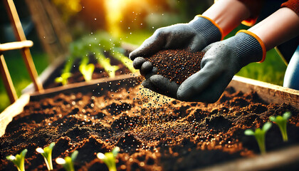 Hands Sprinkling Fertilizer into Garden Soil