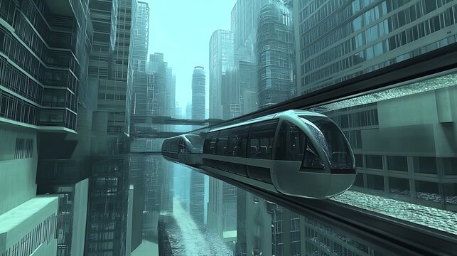 A futuristic city with holographic monorails weaving between buildings 