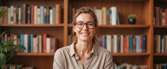 Smiling woman in library with bookshelves around, joyful learning. Banner for International Women's Day celebration