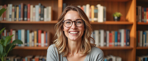 Smiling woman with glasses in library surrounded by books, happiness. Banner for International Women's Day celebration