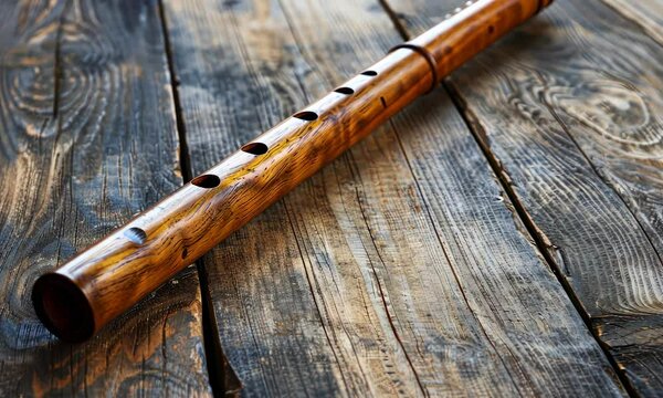Wooden flute on rustic wooden surface Traditional musical instrument with six finger holes