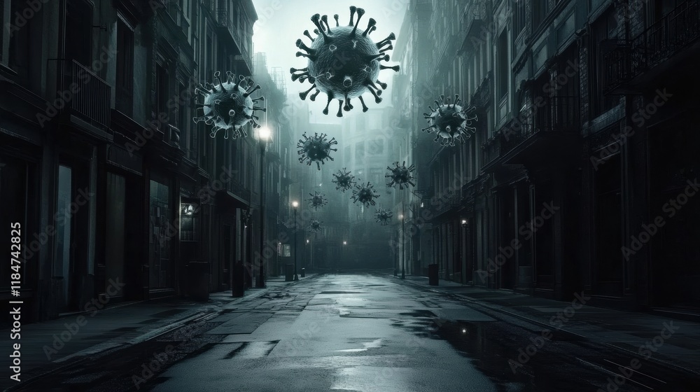 Aufkleber Empty urban street illuminated under a fog with virus motifs floating in the air creates a surreal atmosphere. Generative AI