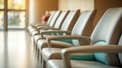 A row of modern waiting chairs in a softly lit area, suggesting a calm atmosphere.