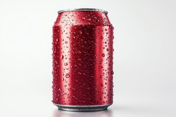 realistic red aluminum soda can mockup with water droplets isolated on pure white background for brand design presentation