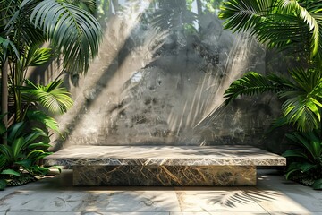 Marble podium with tropical leaves background. 3d render illustration.
