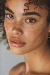 Naklejka premium Closeup of a woman showcasing natural beauty and confidence, highlighting skincare for wellness and a fresh look, featuring a happy girl with freckles and a smooth complexion for organic cosmetics