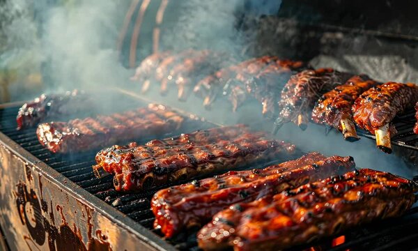 Deliciously smoked ribs cooking on outdoor barbecue grill, covered in sauce, with smoke rising