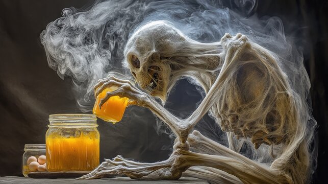 Skeleton Mixing Elixir in Glass Jar Surrounded by Mysterious Smoke