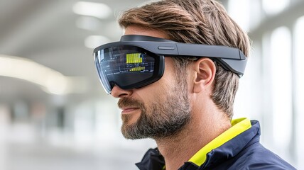 A man wearing advanced augmented reality glasses, showcasing modern technology and innovation in a bright, spacious environment.