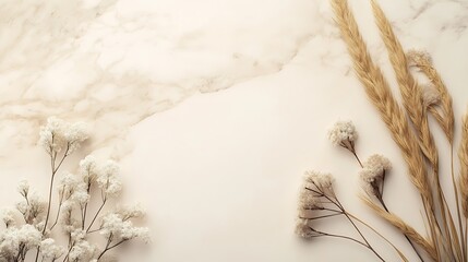 Dried Flowers and Pampas Grass on Marble Background