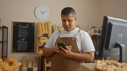 Young hispanic man working in bakery shop interior checking his phone while wearing a brown apron