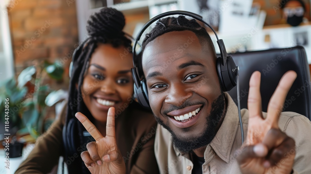 Poster friends taking a selfie while working in a call center focused on customer support and sales, engagi