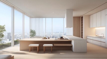 Fototapeta premium A modern Japanese home blending traditional and contemporary elements, showcasing large windows, a minimalist interior, and natural materials for a harmonious feel.