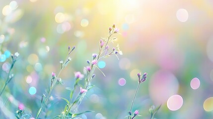 Soft-focus bubbles in pastel tones floating over a blurred meadow, peaceful and fresh, colorful bubbles, springtime theme