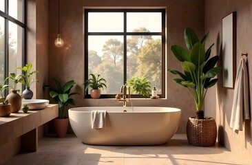 Modern stylish bathroom in mocha mousse color, large indoor plant and window, color of the year 2025