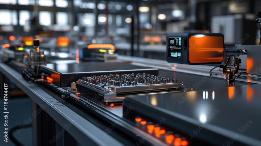Aufkleber robotic arm monitoring electronic components on a modern automated production line, ensuring quality