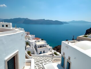 Fototapeta premium A Greek island village, white-washed buildings contrasting with the azure sea