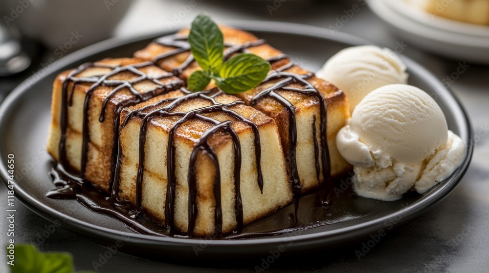Poster a mouthwatering display of honey toast with rich chocolate drizzle, served with a side of ice cream,