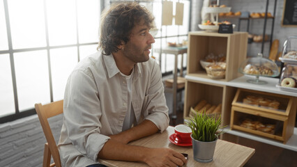Young man seated in a cozy bakery with coffee on the table, surrounded by various pastries and a relaxed atmosphere of an indoor cafe.