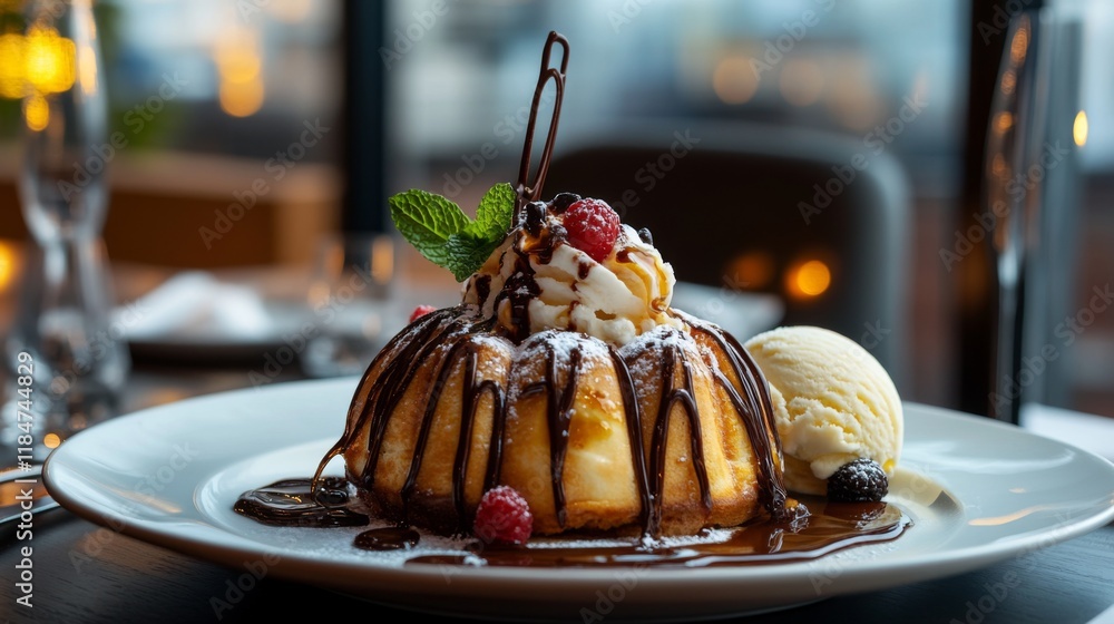 Poster a mouthwatering display of honey toast with rich chocolate drizzle, served with a side of ice cream,