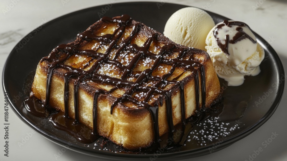 Poster a mouthwatering display of honey toast with rich chocolate drizzle, served with a side of ice cream,