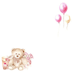 Watercolor illustration of a child's page for an album. Composition with teddy bear, sweets and balloons, hand drawn. The drawing is suitable for decoration of children's rooms, gifts, holidays.