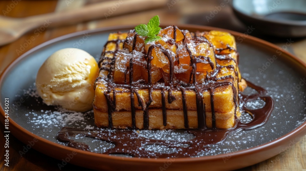 Poster a mouthwatering display of honey toast with rich chocolate drizzle, served with a side of ice cream,