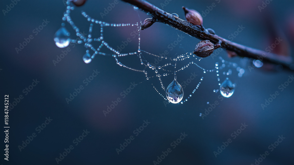 Wall mural beautiful raindrops on spider's web trapped on a branch. drops of dew on spider web and tree branche