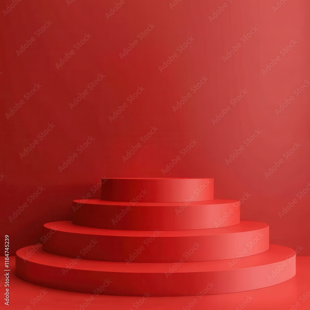 Poster Abstract Red Cylindrical Platform Display Against a Red Background Minimalist Product Presentation Stage Design