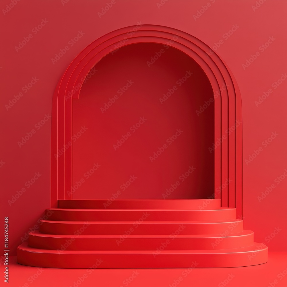 Poster abstract red archway with steps: minimalist 3d render for product display or background