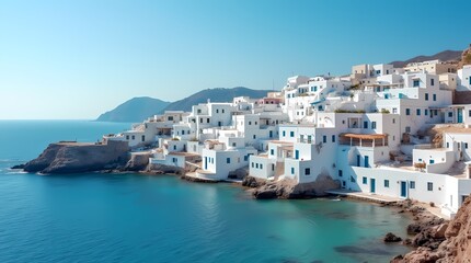 Obraz premium A Greek island village, white-washed buildings contrasting with the azure sea