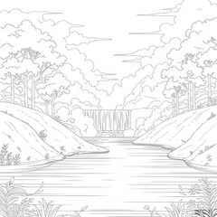 Obraz premium nature coloring page landscape with trees