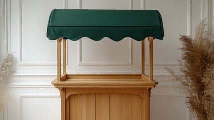 Elegant wooden market stall with green canopy in stylish room decor