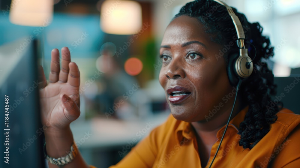 Poster virtual communication and guidance from a remote call center agent during an online meeting, focusin