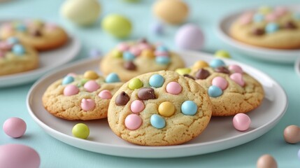 Colorful Easter Cookies with Candy on a Light Blue Background
