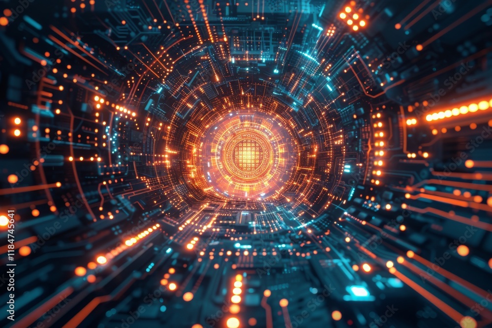 Aufkleber technological circuits pulsate with energy in a mesmerizing tunnel of vibrant colors, showcasing int